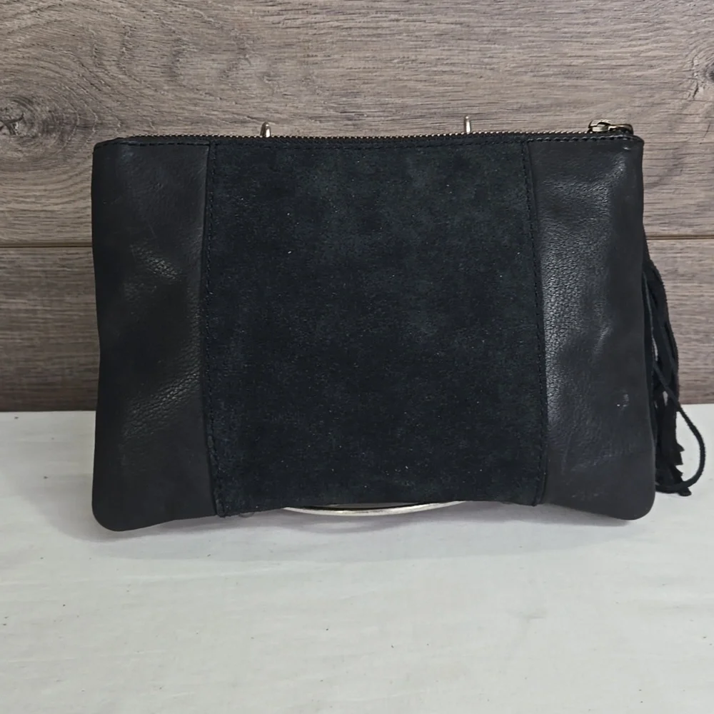 Lucky Brand Black and Red Embroidered Leather Clutch with Tassel